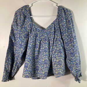 Womens Universal Thread V Neck Baby Doll Floral Top Blue White XS Cotton Cropped